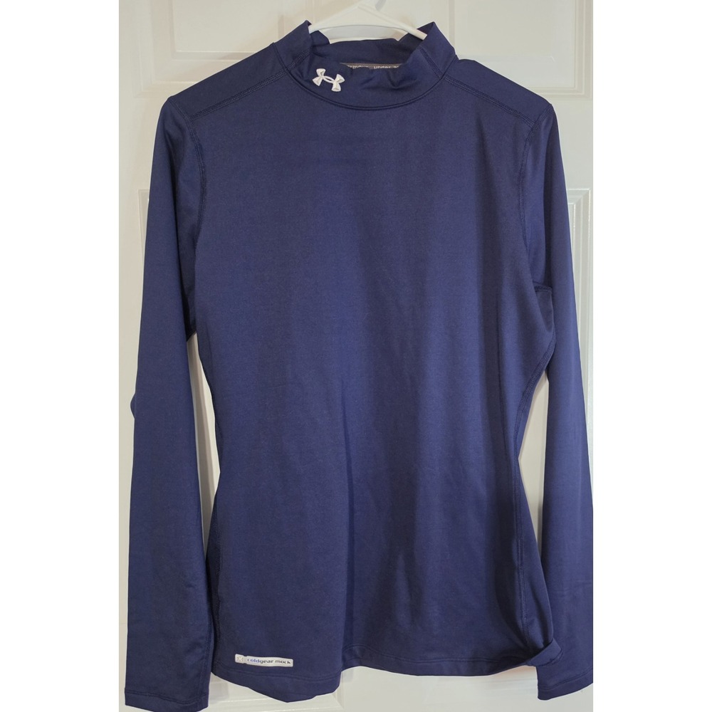 Under Armour ColdGear Mock Neck Shirt Women Large Navy Blue Fitted Long Sleeve